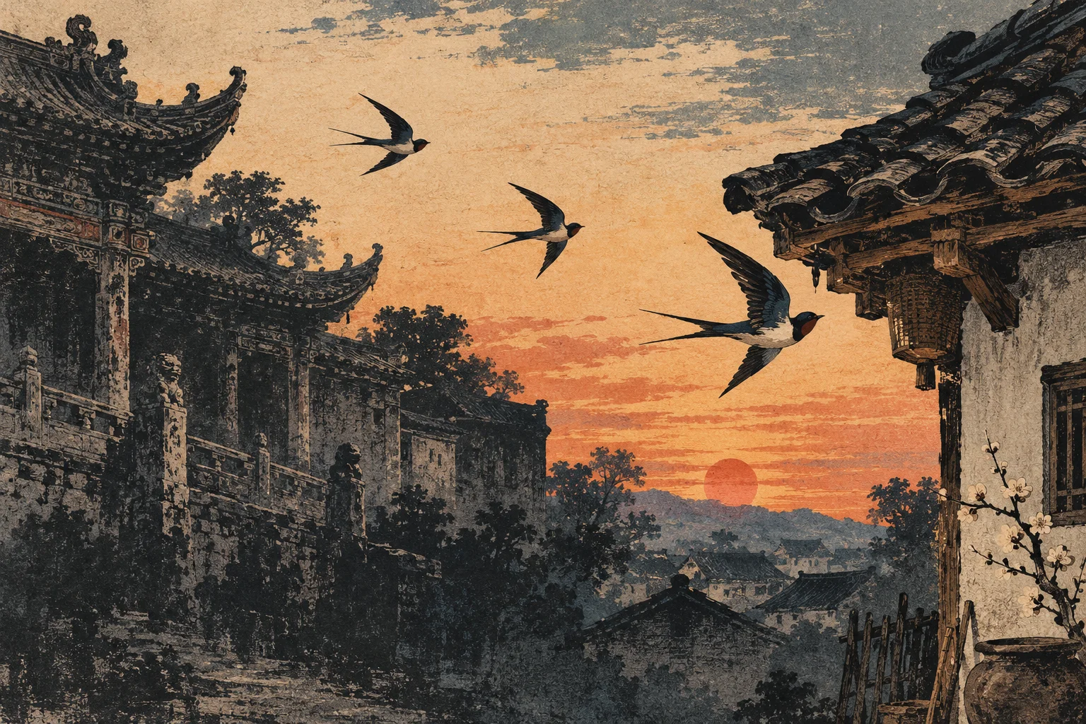 夕照中，燕子掠过旧时高门，飞向寻常人家的屋檐