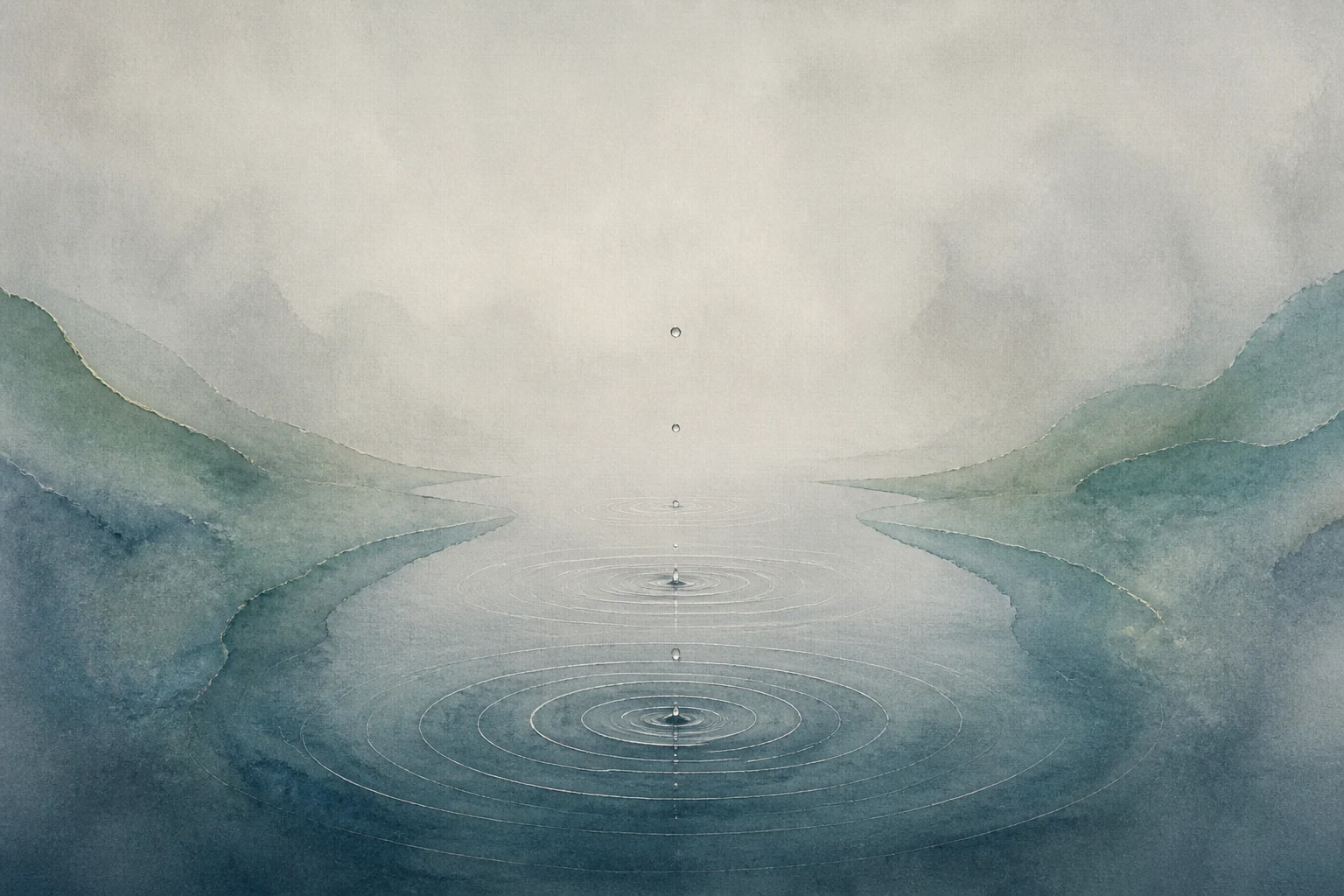 留白水面上的雨滴与层层涟漪